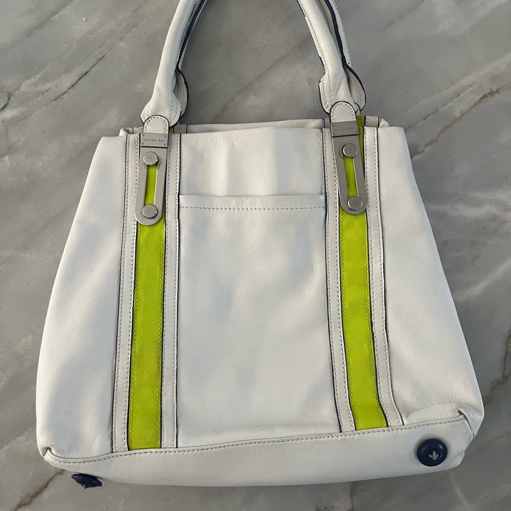 Cul-de-sac color block White and Neon Green Leather Tote Bag with Metal Details